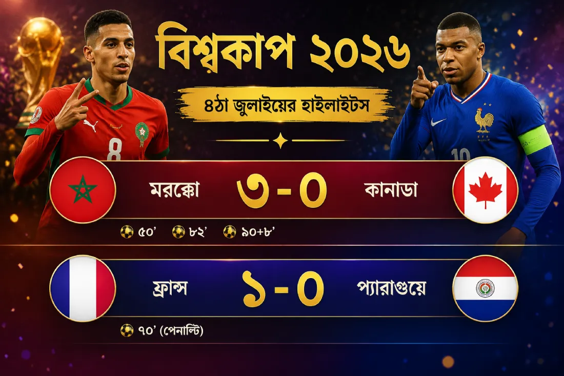 ৪ঠা জুলাইয়ের হাইলাইটস: কোয়ার্টার ফাইনালের লড়াইয়ে মরক্কো ও ফ্রান্স!